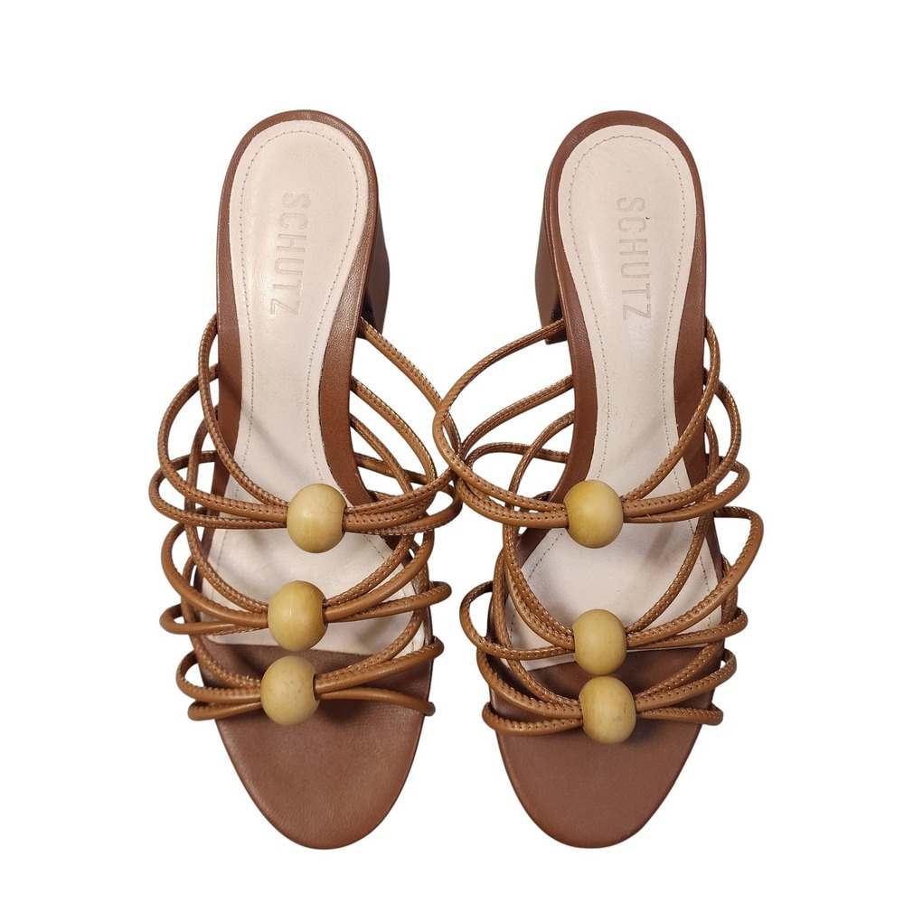 Schutz Womens Roanna Strappy Wood-Bead Slide Sandals Brown‎ Block Heel - Picture 2 of 11